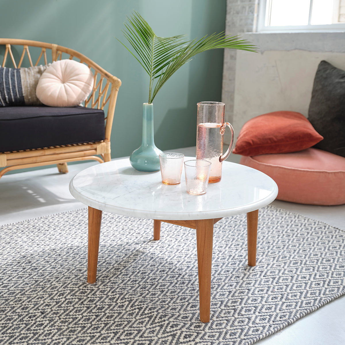 Mesa de centro de mármol y teca maciza Ø 70 cm