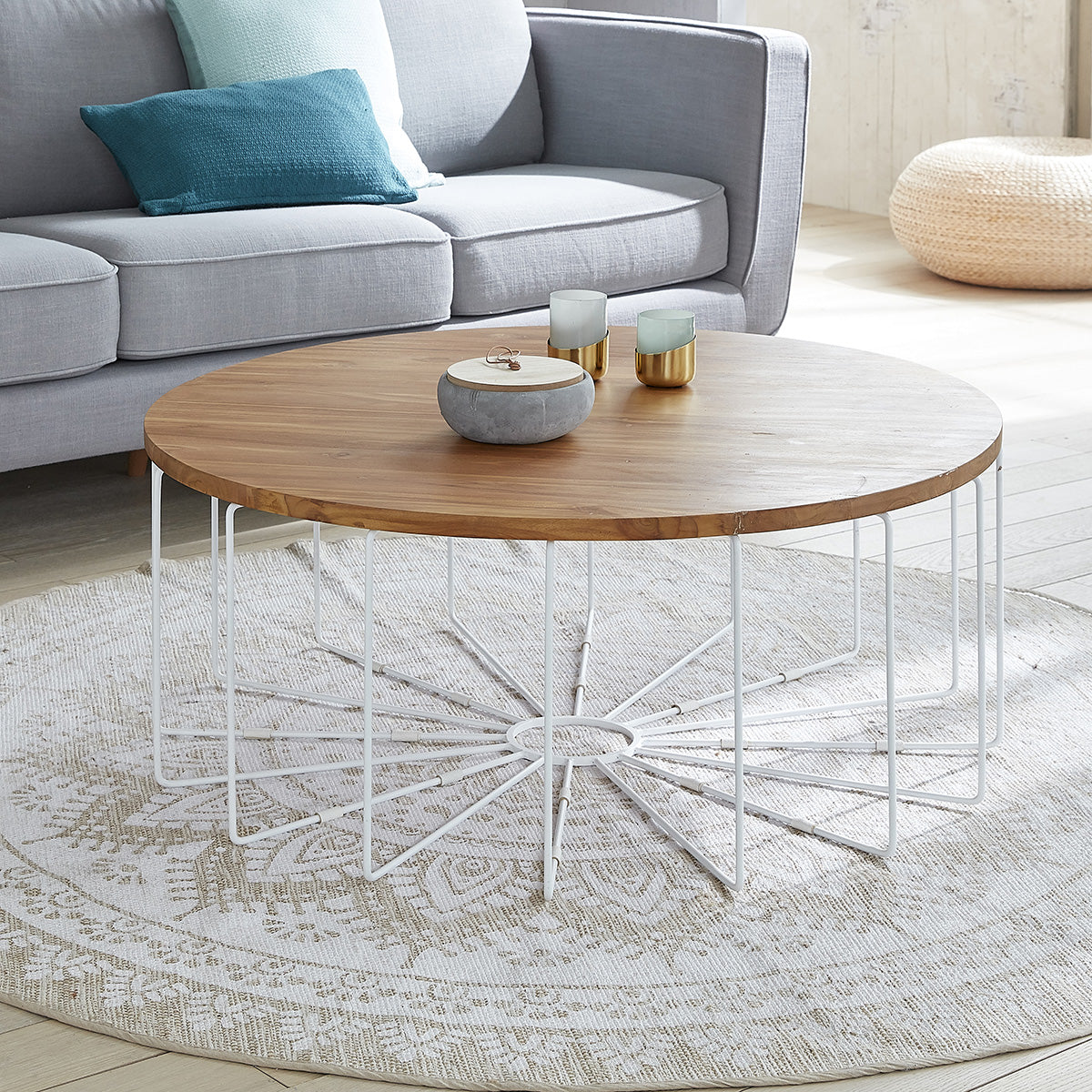 HUGO - Mesa de centro de teca maciza y metal Ø 100 cm