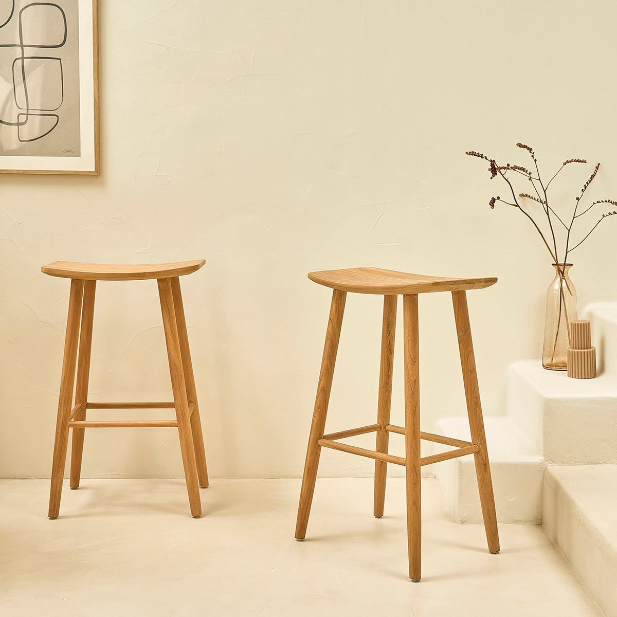 AMBRE - Juego de 2 taburetes de teca maciza de 75 cm