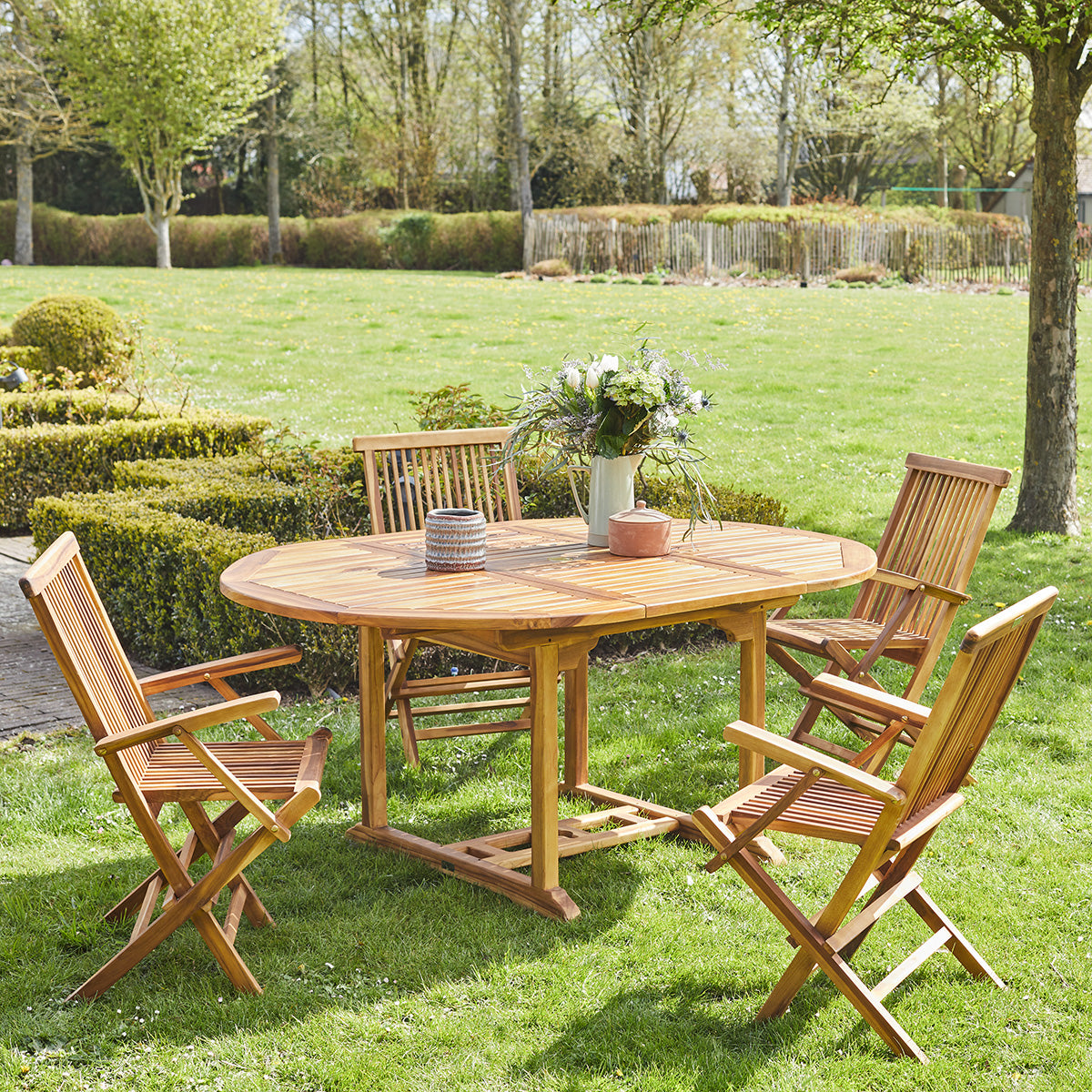 BALI - Salón de exterior extensible de teca maciza aceitada para 4/8 pers.