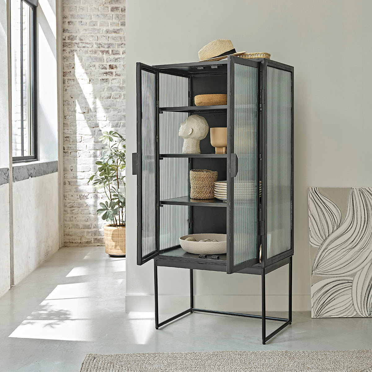 OCTAV - Aparador de metal y cristal acanalado de 70 cm