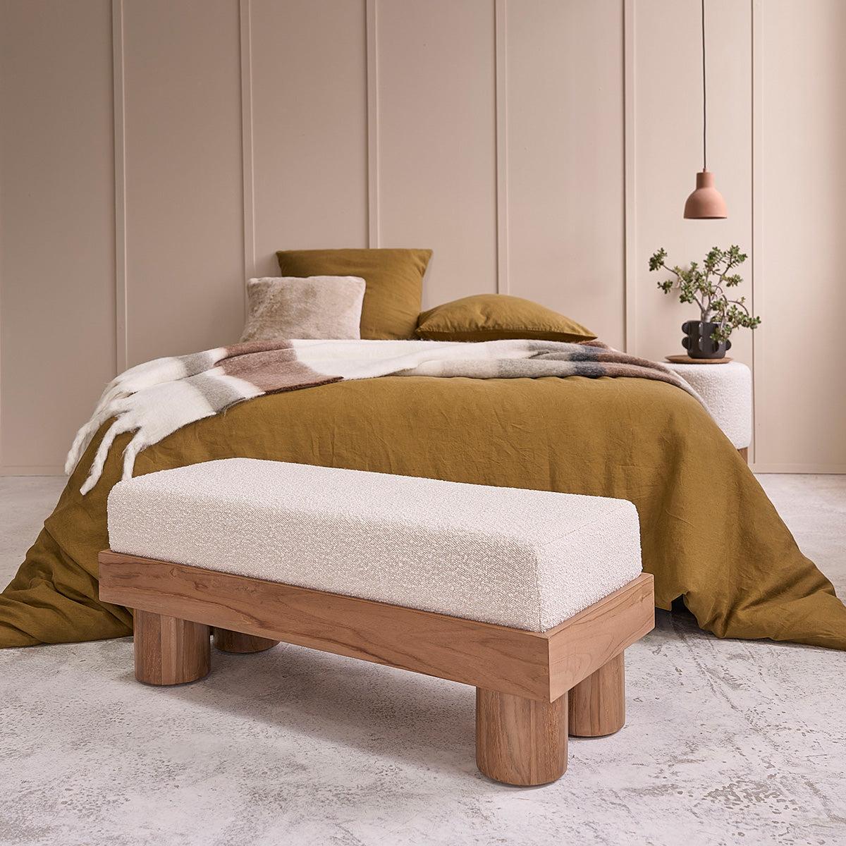 THÉODORE - Banco de teca maciza y tejido bouclette 100 cm