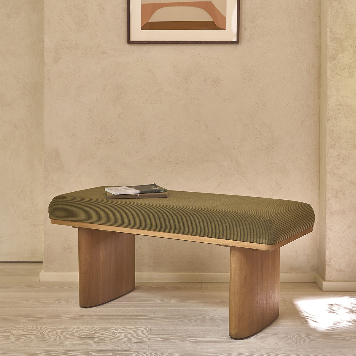 AMBRE - Banco de teca maciza y terciopelo acanalado verde 100 cm