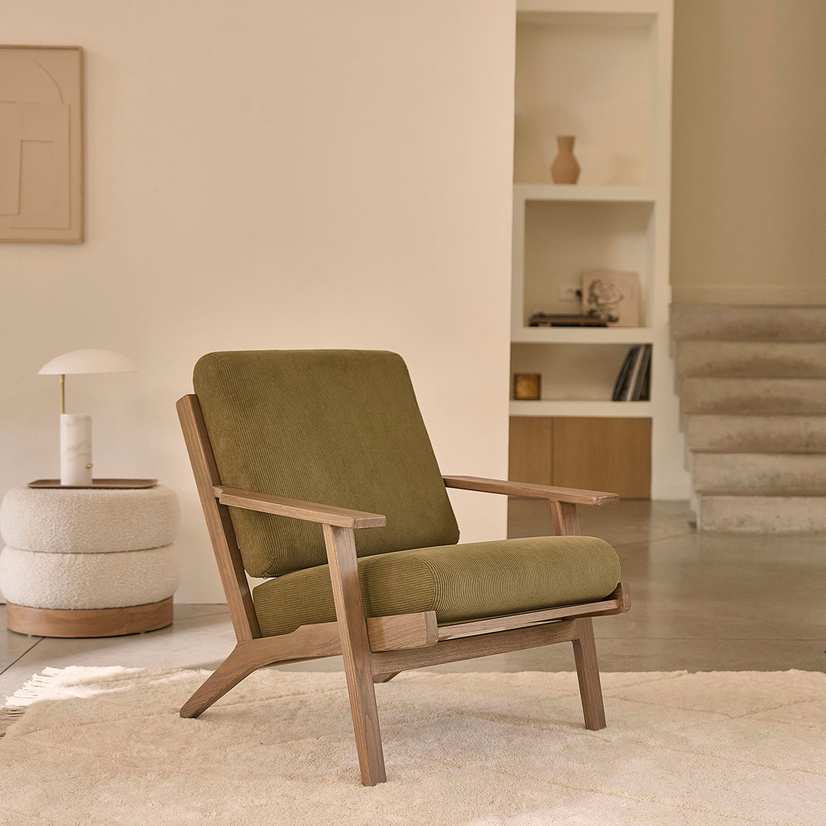 SERENE - Puf de teca maciza y tejido bouclette blanco Ø55 cm