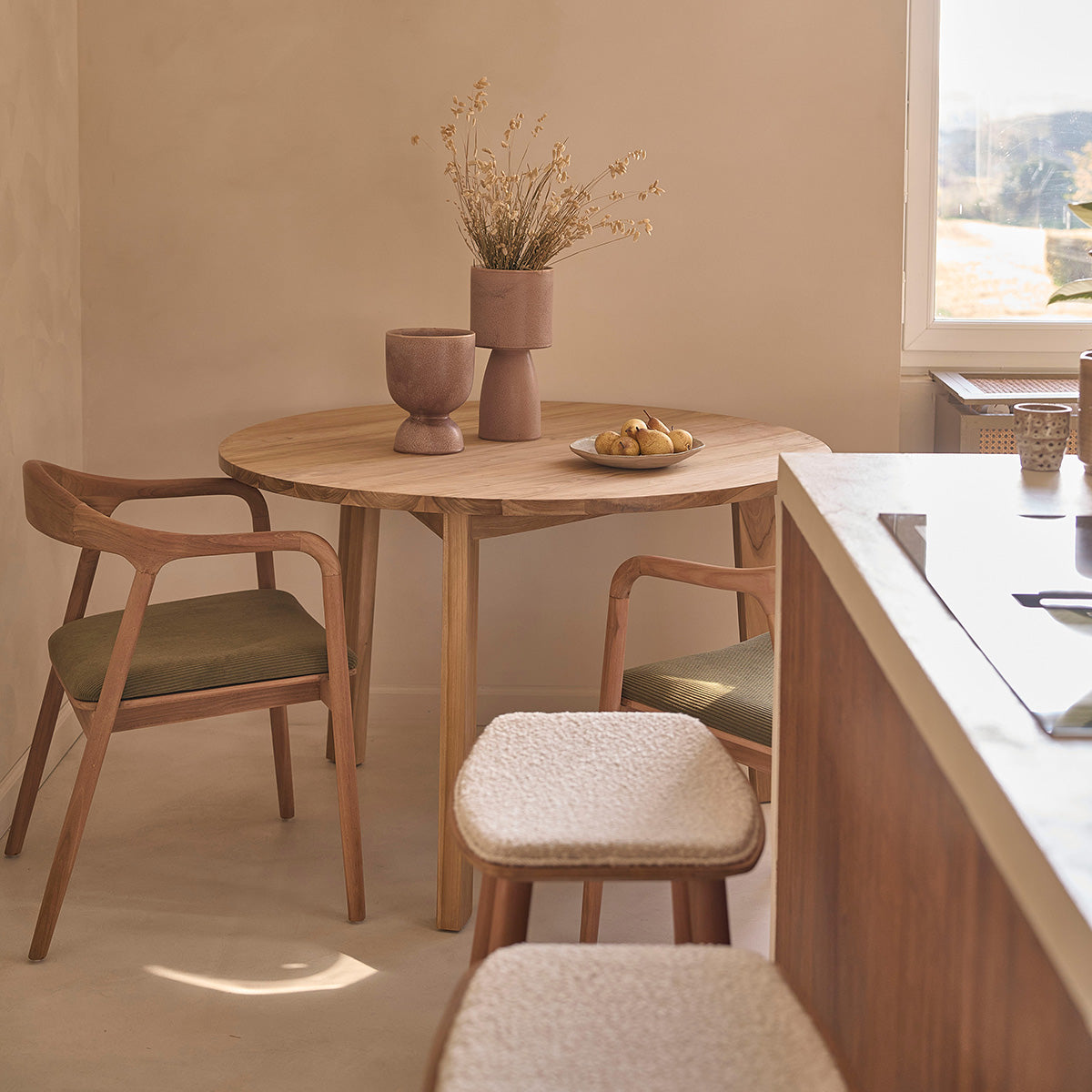 AMBRE - Lote de 2 taburetes de teca maciza, asiento bouclette 65 cm