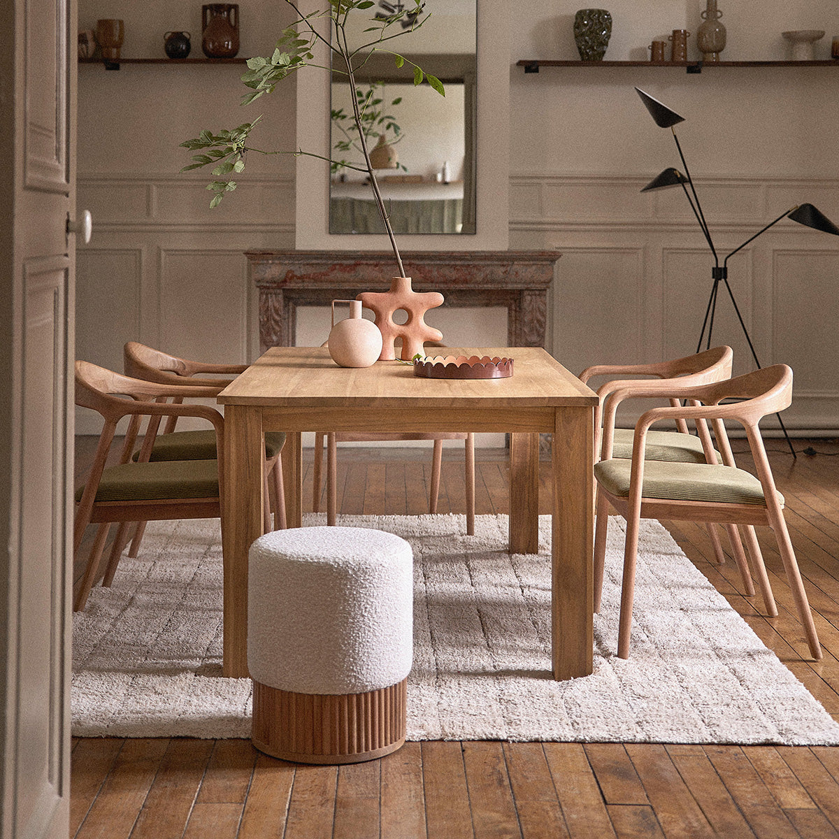 SERENE - Puf de teca maciza y tejido bouclette blanco Ø38 cm