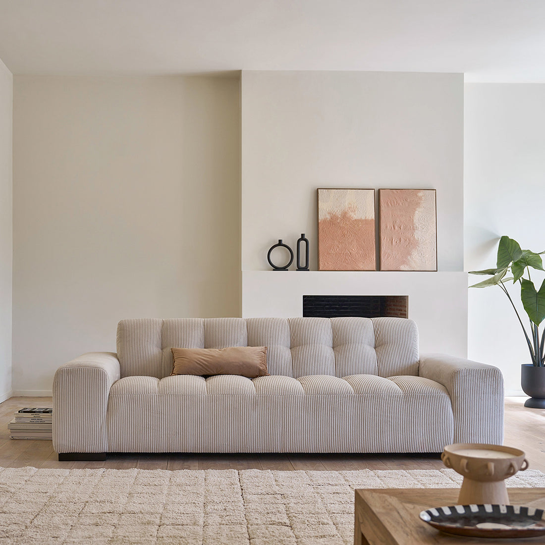 ALPHONSE - Sofá recto de 4 plazas de terciopelo color crudo