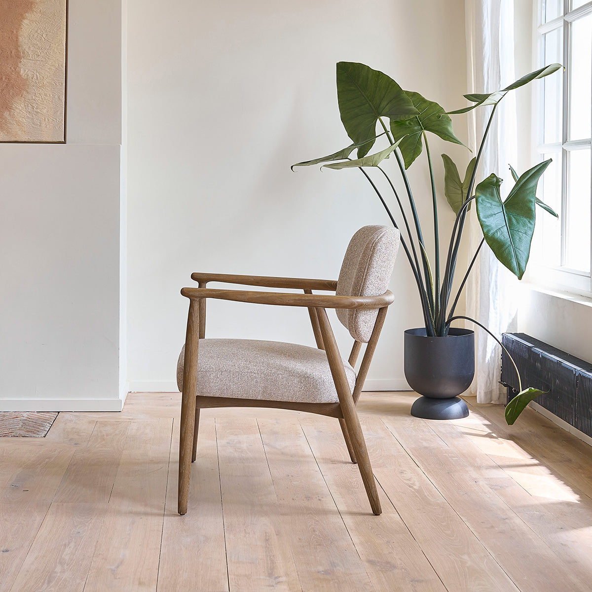 EUGÈNE - Sillón de madera de roble y tejido texturizado beige chiné