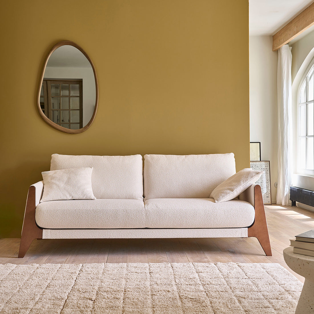 ONDINE - Sofá recto de 3 plazas de madera maciza y tejido bouclette blanco