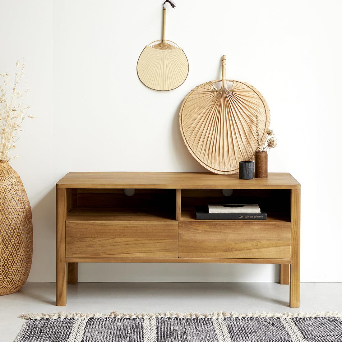 NIDO - Mueble de TV de teca maciza 2 cajones 100 cm