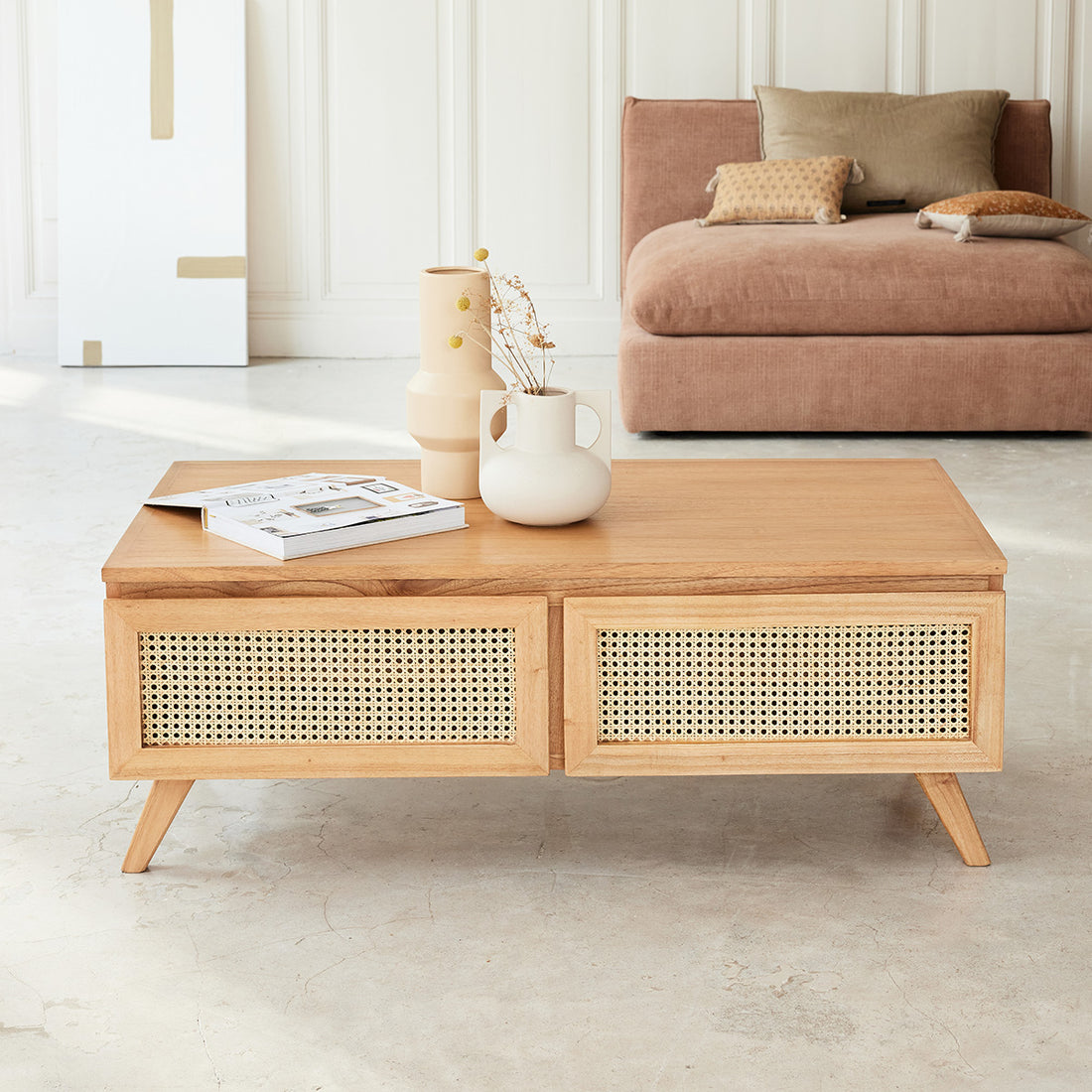 ISÉE - Mesita de centro de mindi macizo y rejilla 110 cm