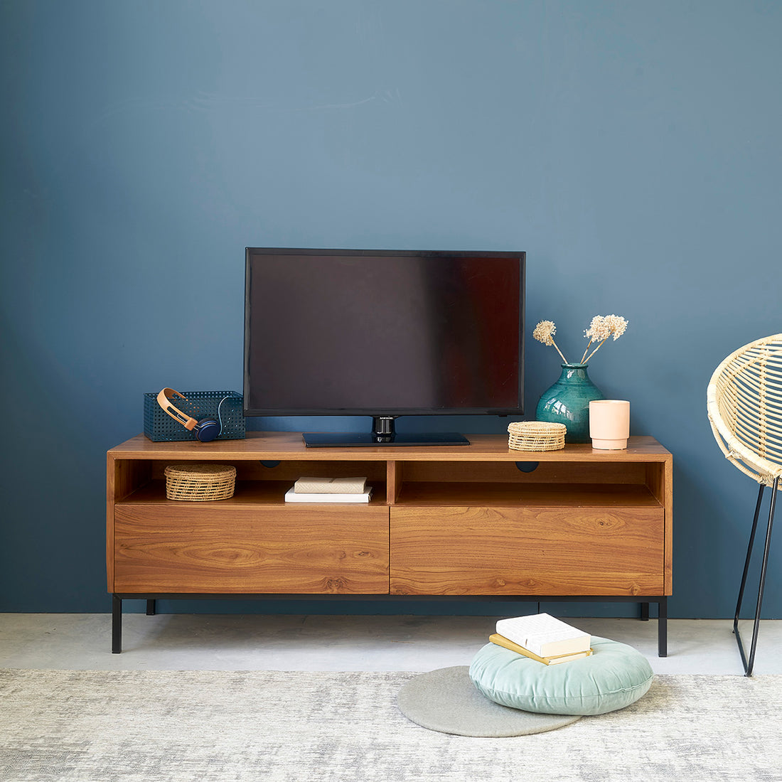 LINA - Mueble de TV de teca maciza y metal 140 cm