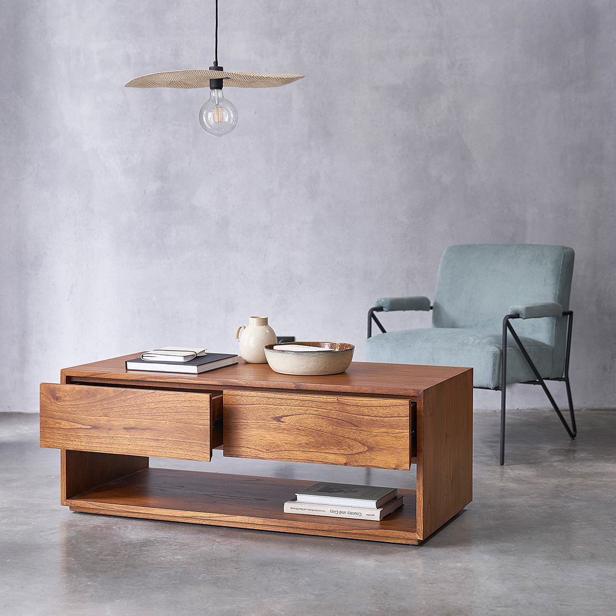 MILO - Mesa de centro de mindi macizo acabado nogal 120 cm