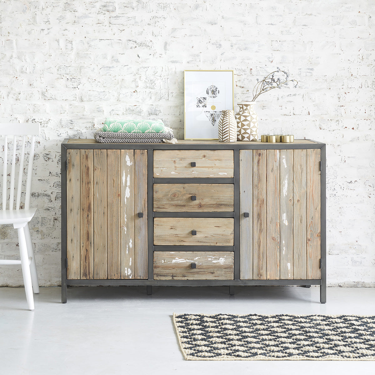 INDUS - Cómoda de madera maciza reciclada y metal 150 cm