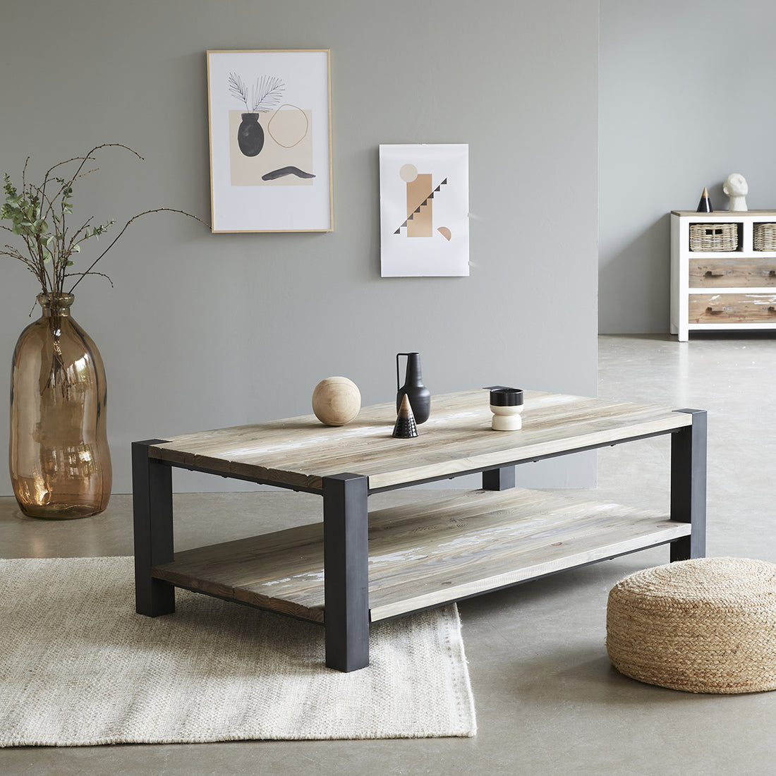 INDUS - Mesa de centro de madera maciza reciclada y metal 140 cm