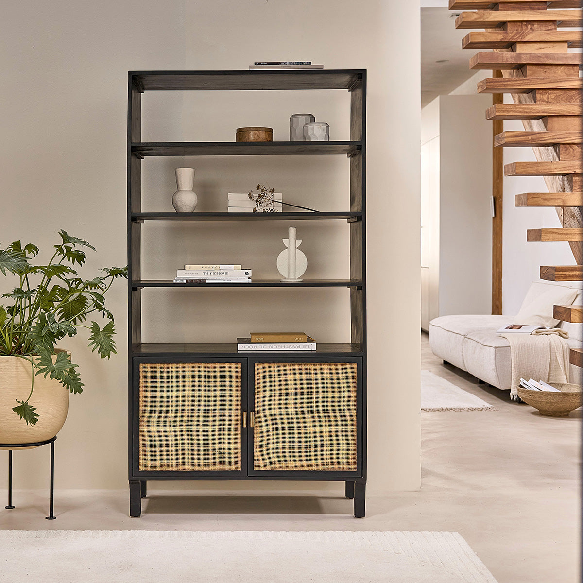 BLAISE - Librería de mango macizo negro y rejilla de 170 cm