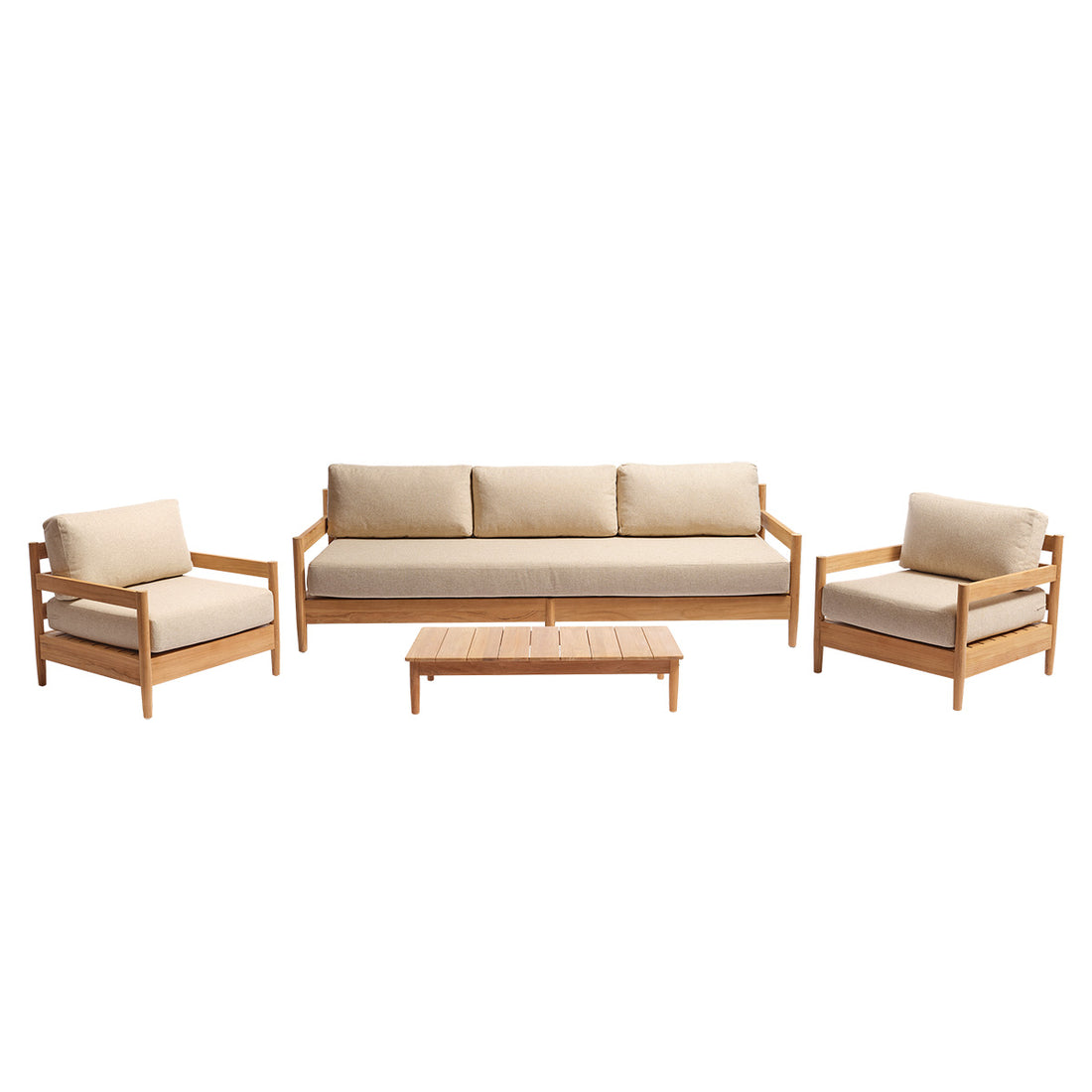 CALVI - Conjunto de jardín bajo de teca maciza con cojines beige jaspeado para 5 personas.