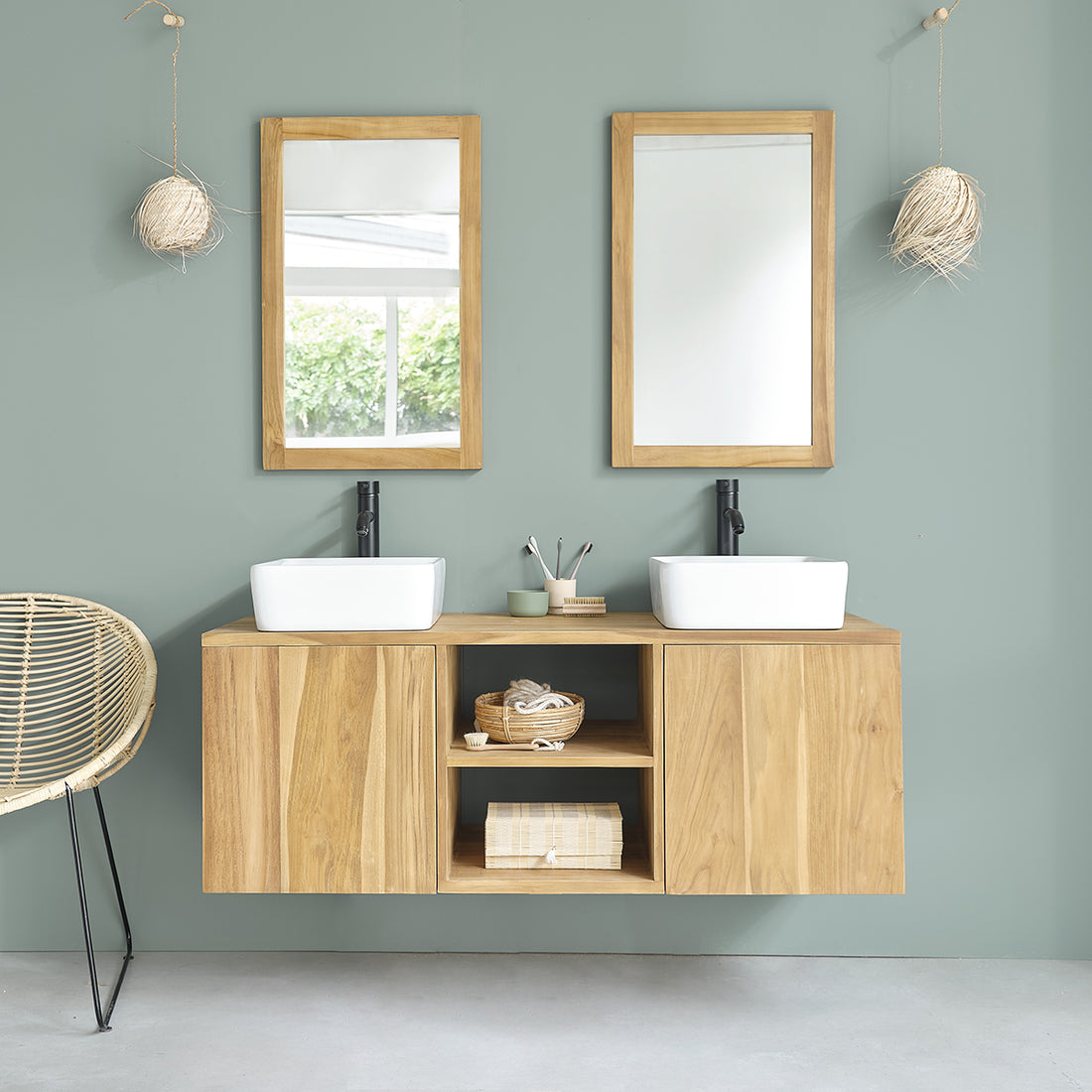 NOA - Mueble de lavabo de teca maciza suspendido 135 cm