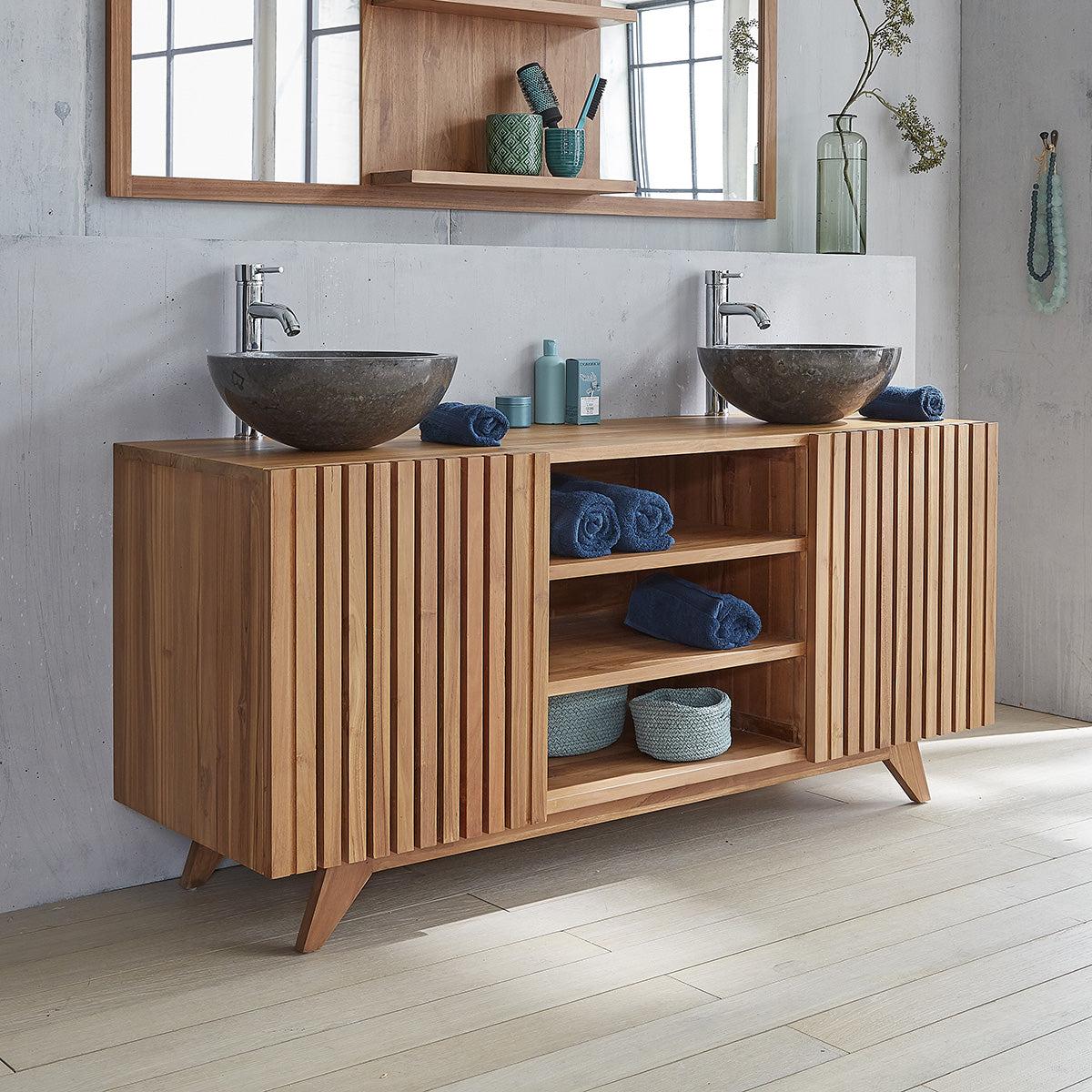 RIO - Mueble de lavabo de teca maciza 160 cm con listones