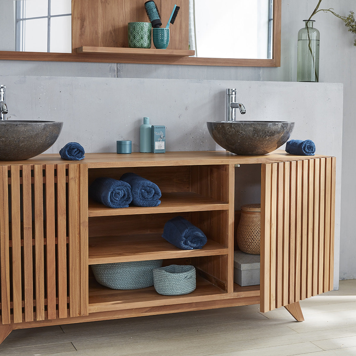 RIO - Mueble de lavabo de teca maciza 160 cm con listones