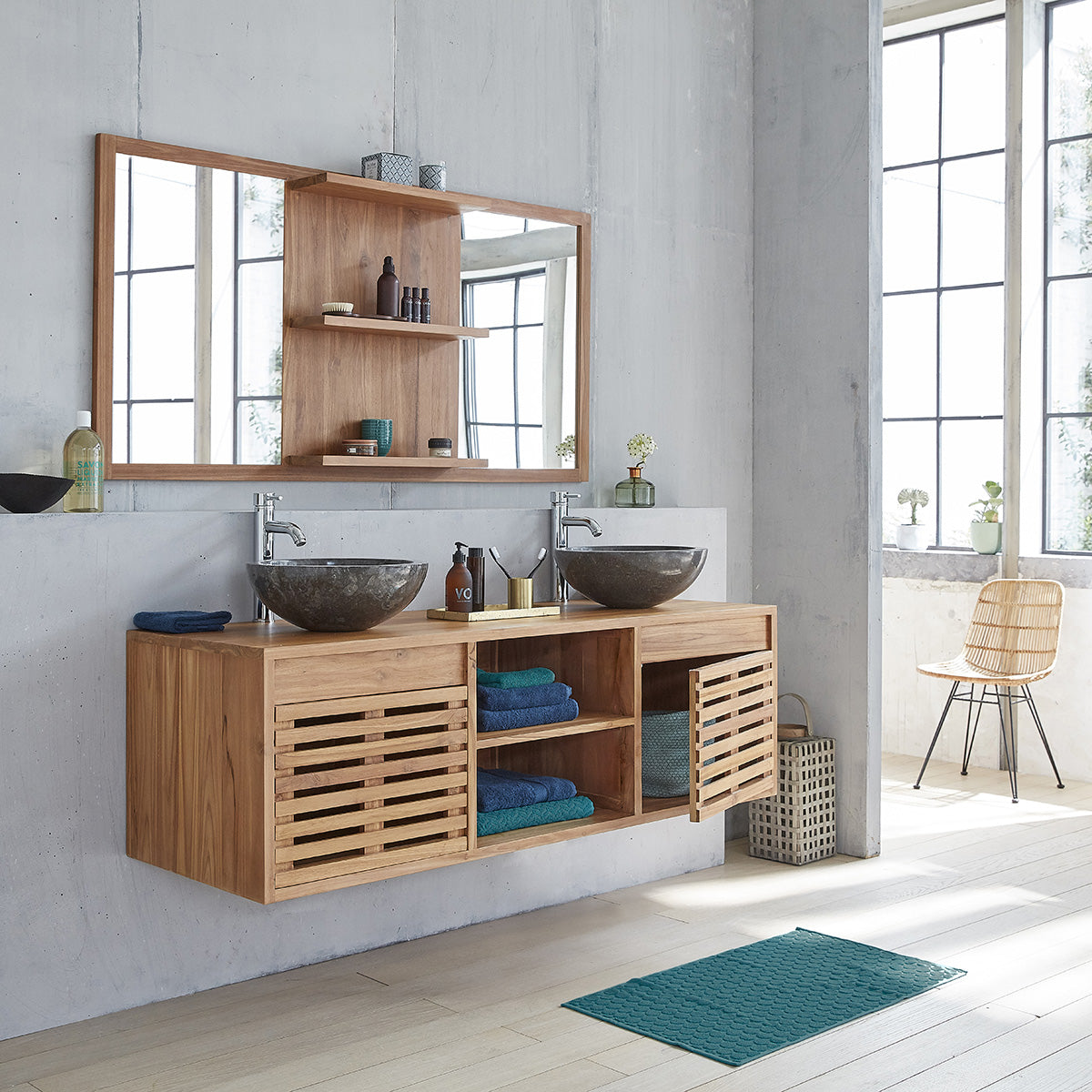RIO - Mueble de lavabo de teca maciza suspendido 160 cm