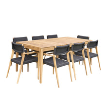 Salón de exterior de teca maciza y cuerda negra para 8 pers.