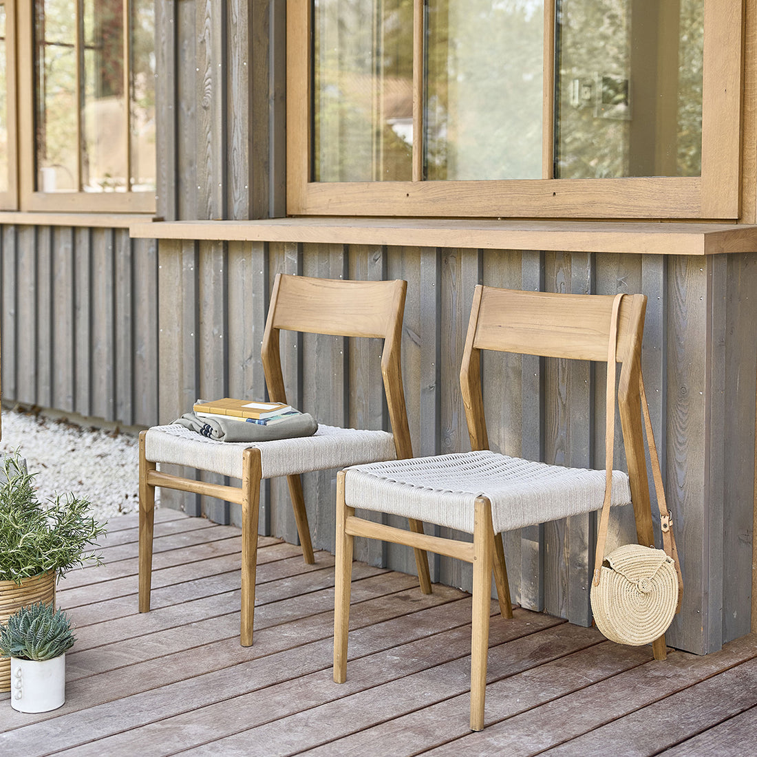 LIVIE - Silla de jardín de teca maciza y cuerda beige (lote de 2)