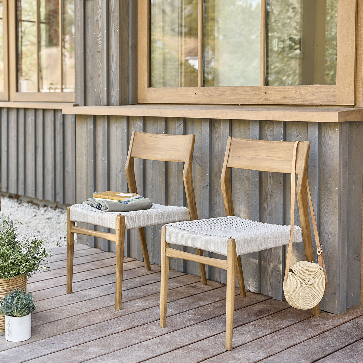 LIVIE - Silla de jardín de teca maciza y cuerda beige (lote de 2)
