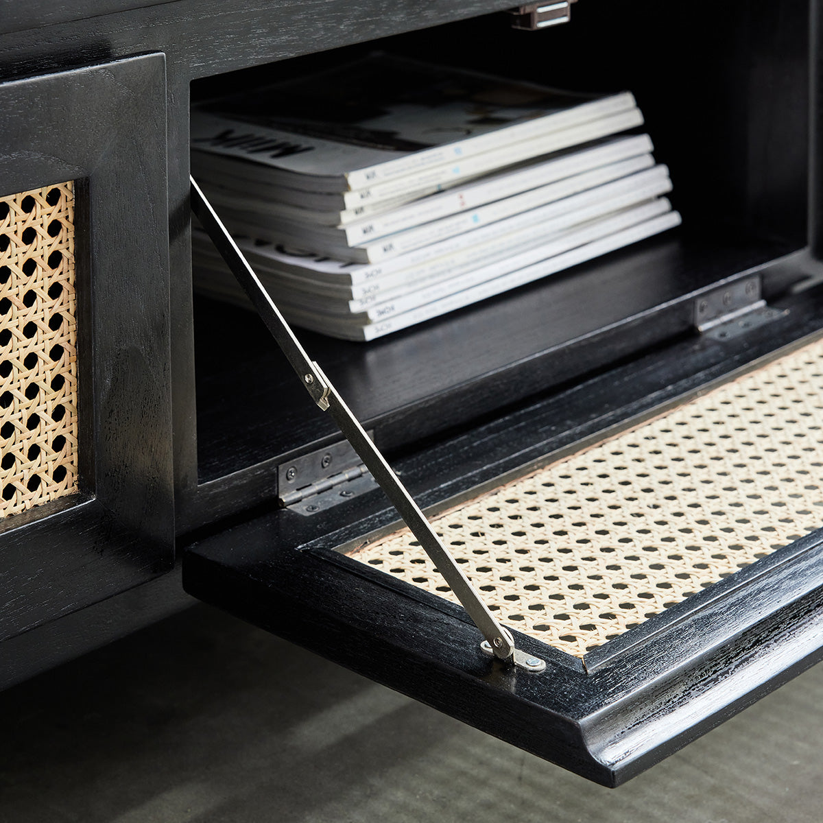 ISÉE - Mueble de TV de mindi macizo y rejilla negro 160 cm