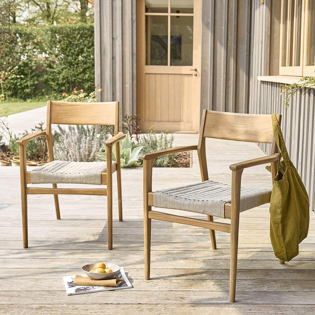 LIVIE - Sillón de jardín de teca maciza y cuerda beige (lote de 2)