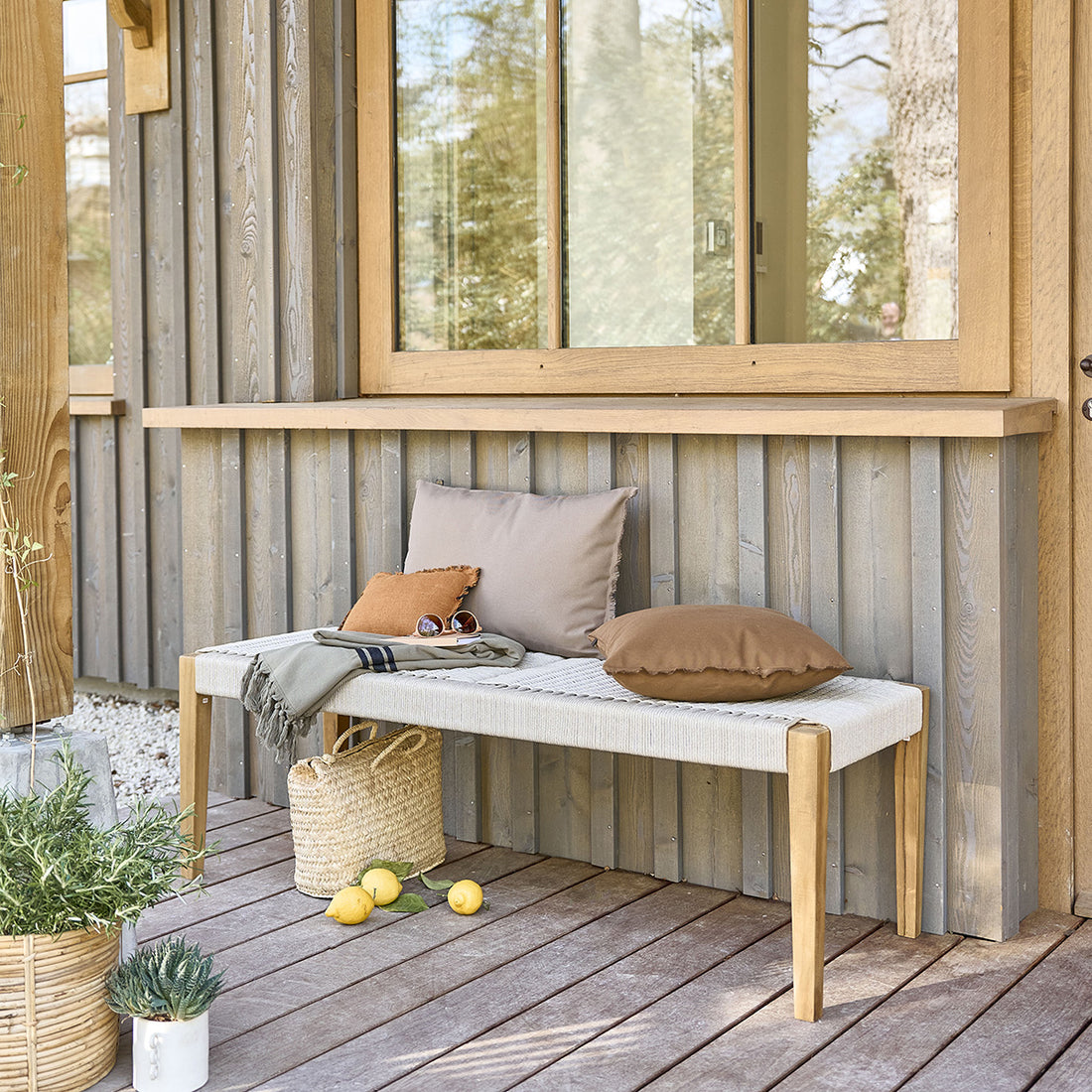 LIVIE - Banco de jardín de teca maciza y cuerda beige