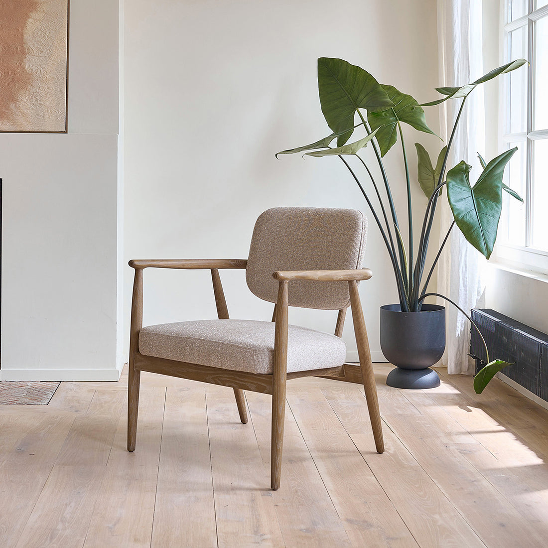 EUGÈNE - Sillón de madera de roble y tejido texturizado beige chiné