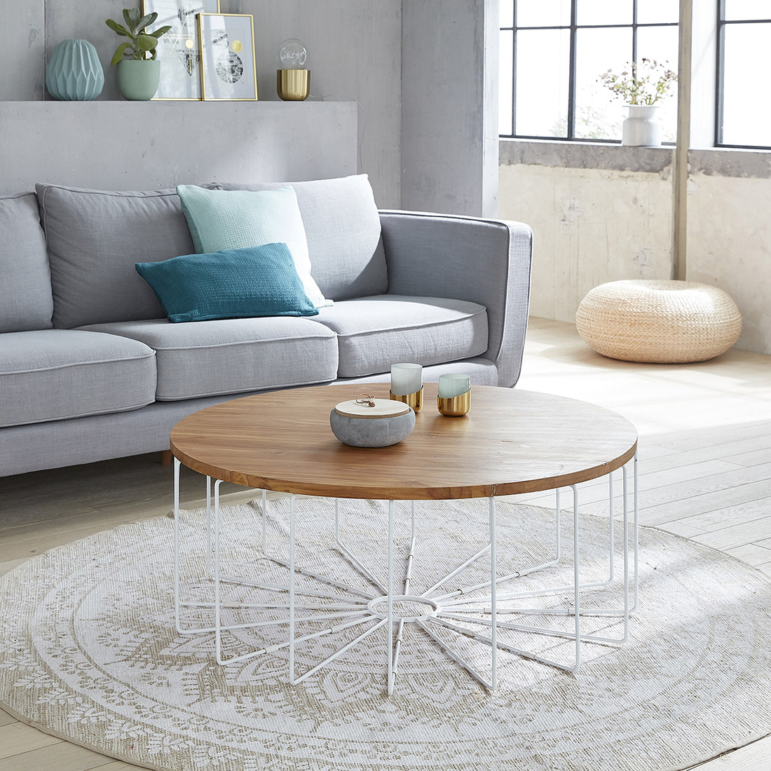 HUGO - Mesa de centro de teca maciza y metal Ø 100 cm