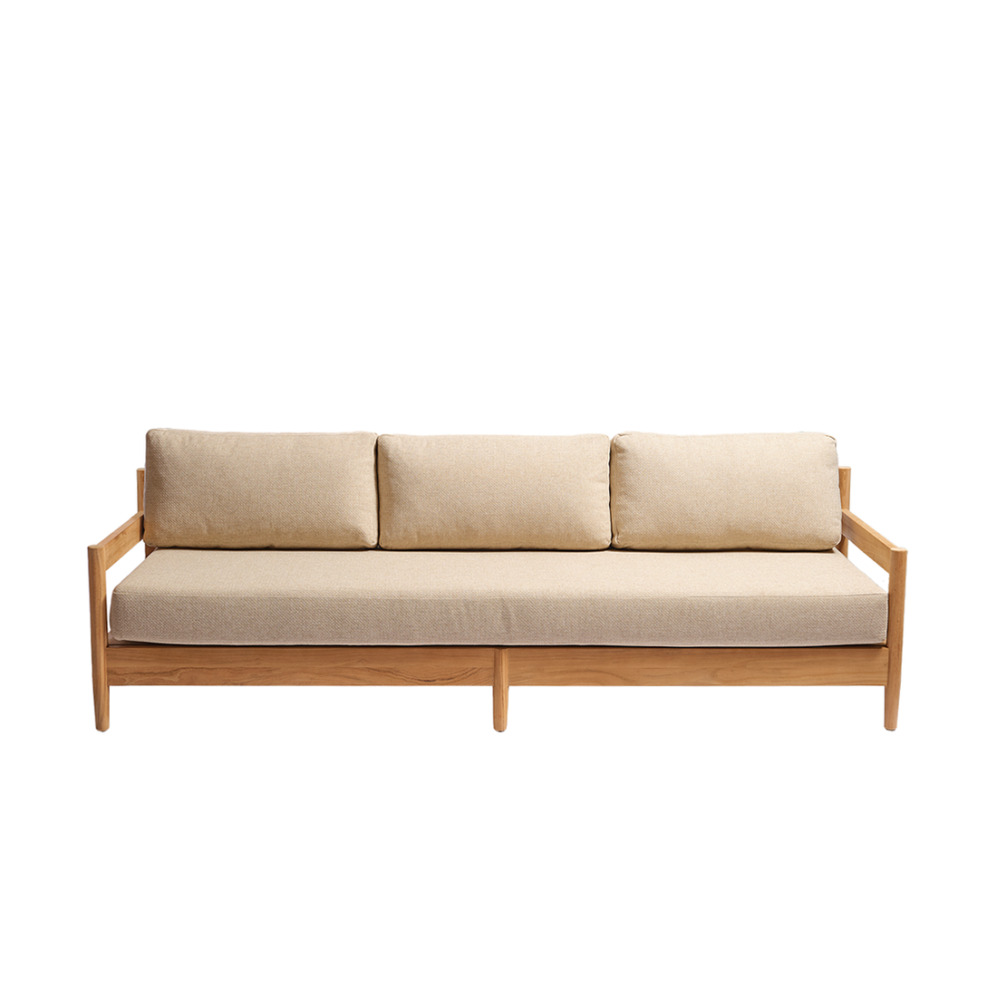 CALVI - Sofá de jardín bajo de teca maciza con cojines beige jaspeado, para 4 personas.