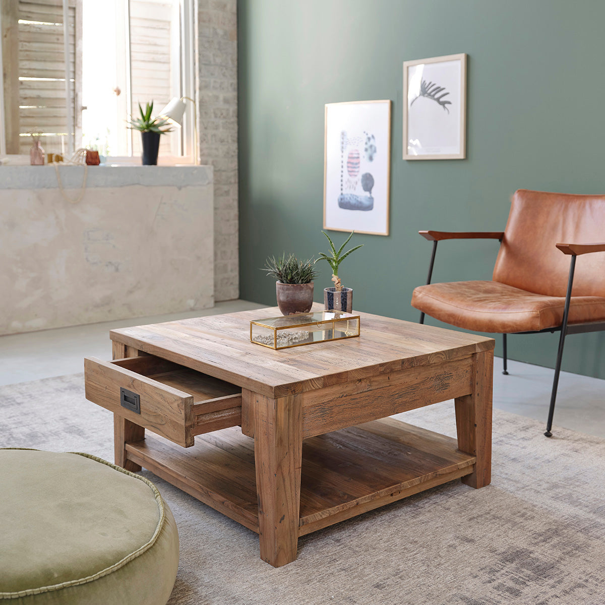 CARGO - Mesa baja de teca maciza reciclada de 80 cm