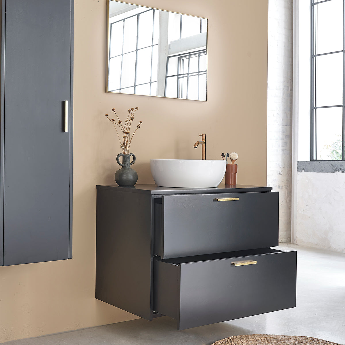 LUNA - Mueble suspendido para lavabo de acacia maciza negra de 80 cm