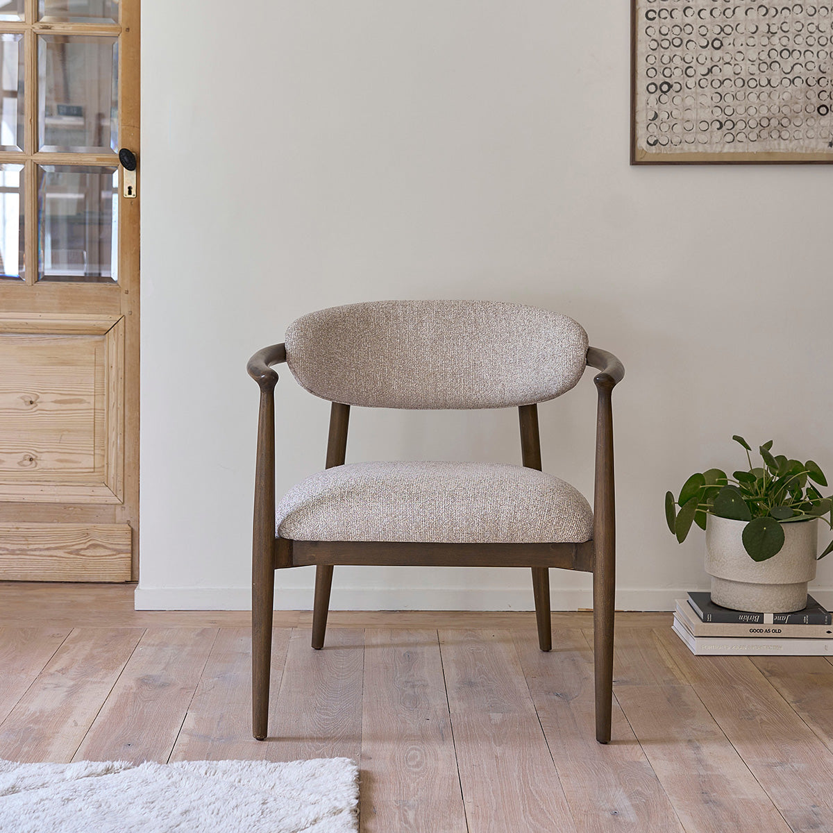 CÔME - Sillón de madera maciza y tejido con textura beige chiné