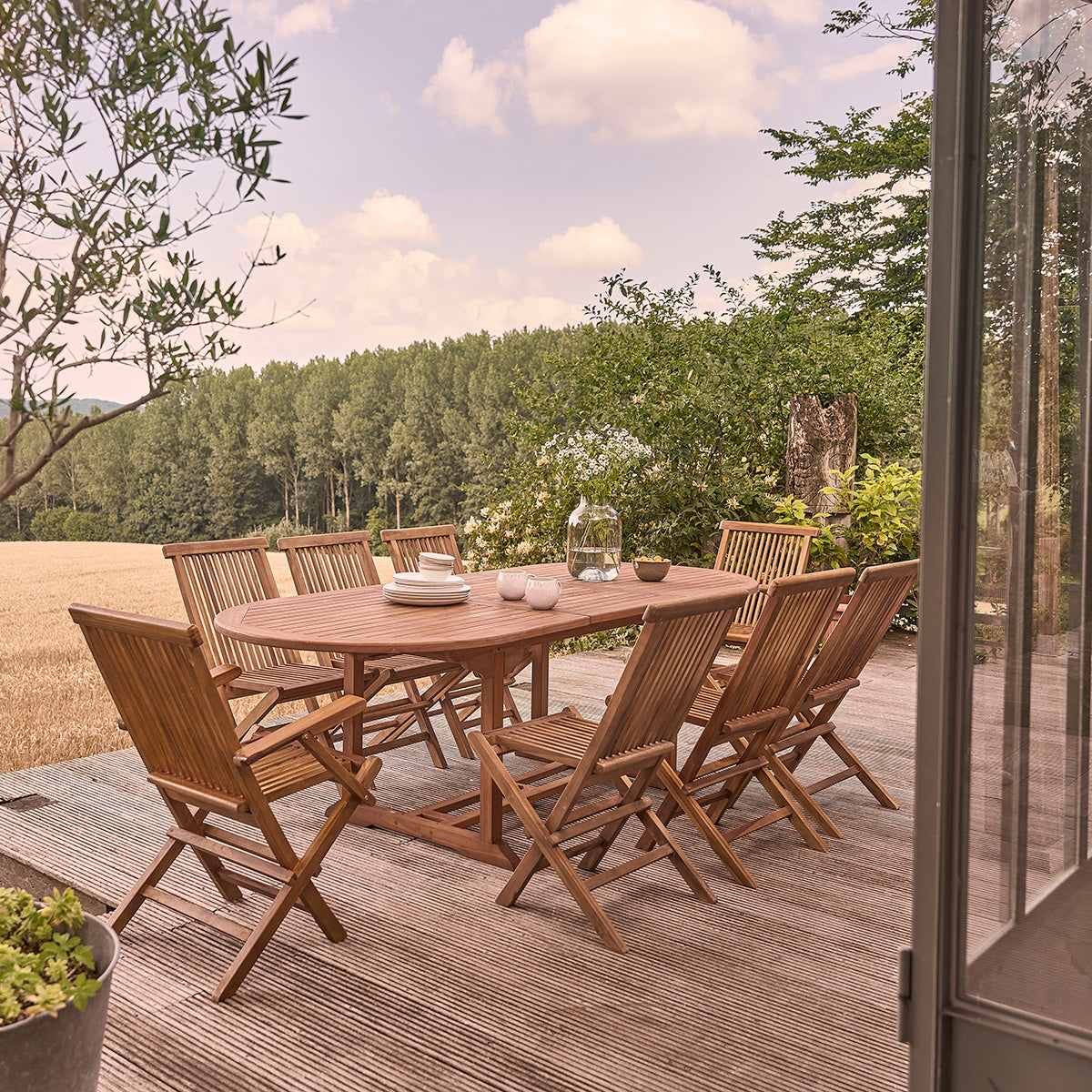 BALI - Salón de exterior extensible de teca maciza aceitada para 8/10 pers.