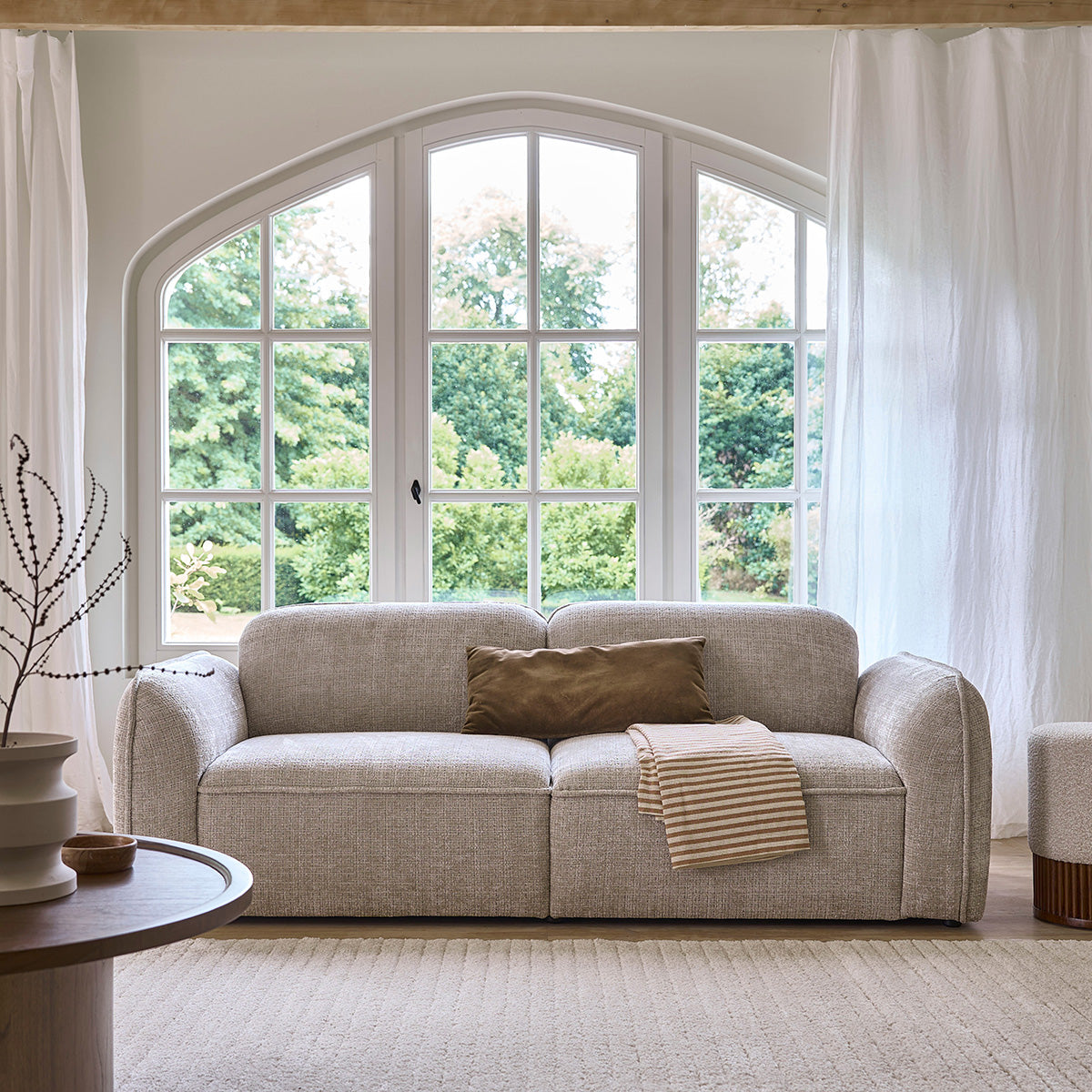 HECTOR - Sofá recto de 3 plazas de terciopelo beige texturizado