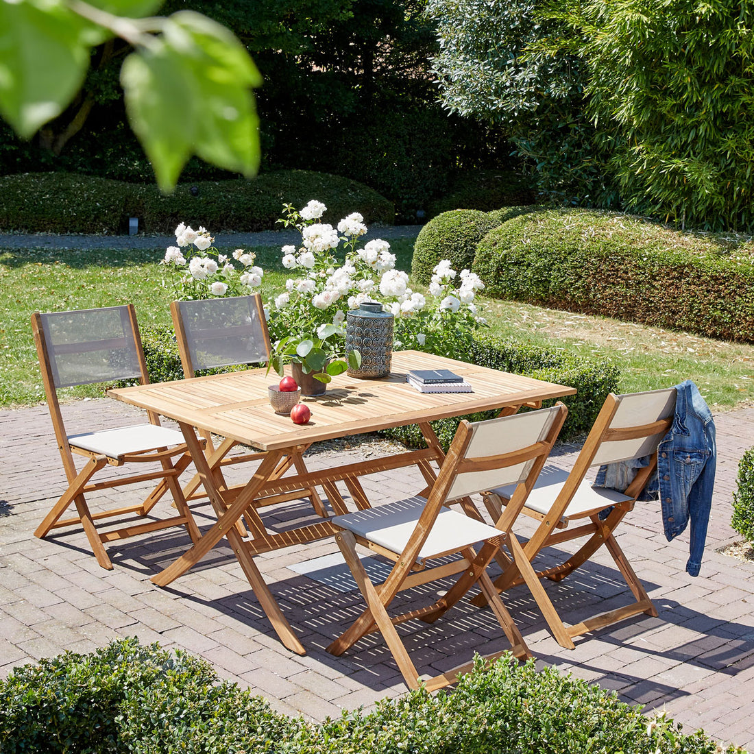 HANOÏ - Salón de exterior de acacia maciza FSC y textileno gris para 4 pers. HANOÏ