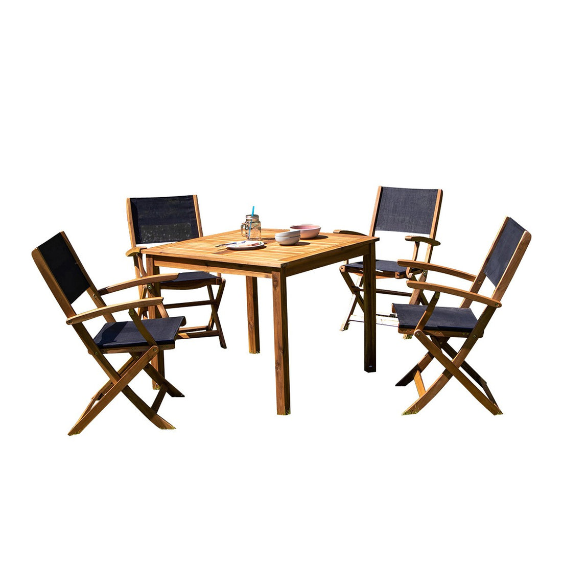 HANOÏ - Salón de exterior de acacia maciza y textileno negro para 4 pers. HANOÏ