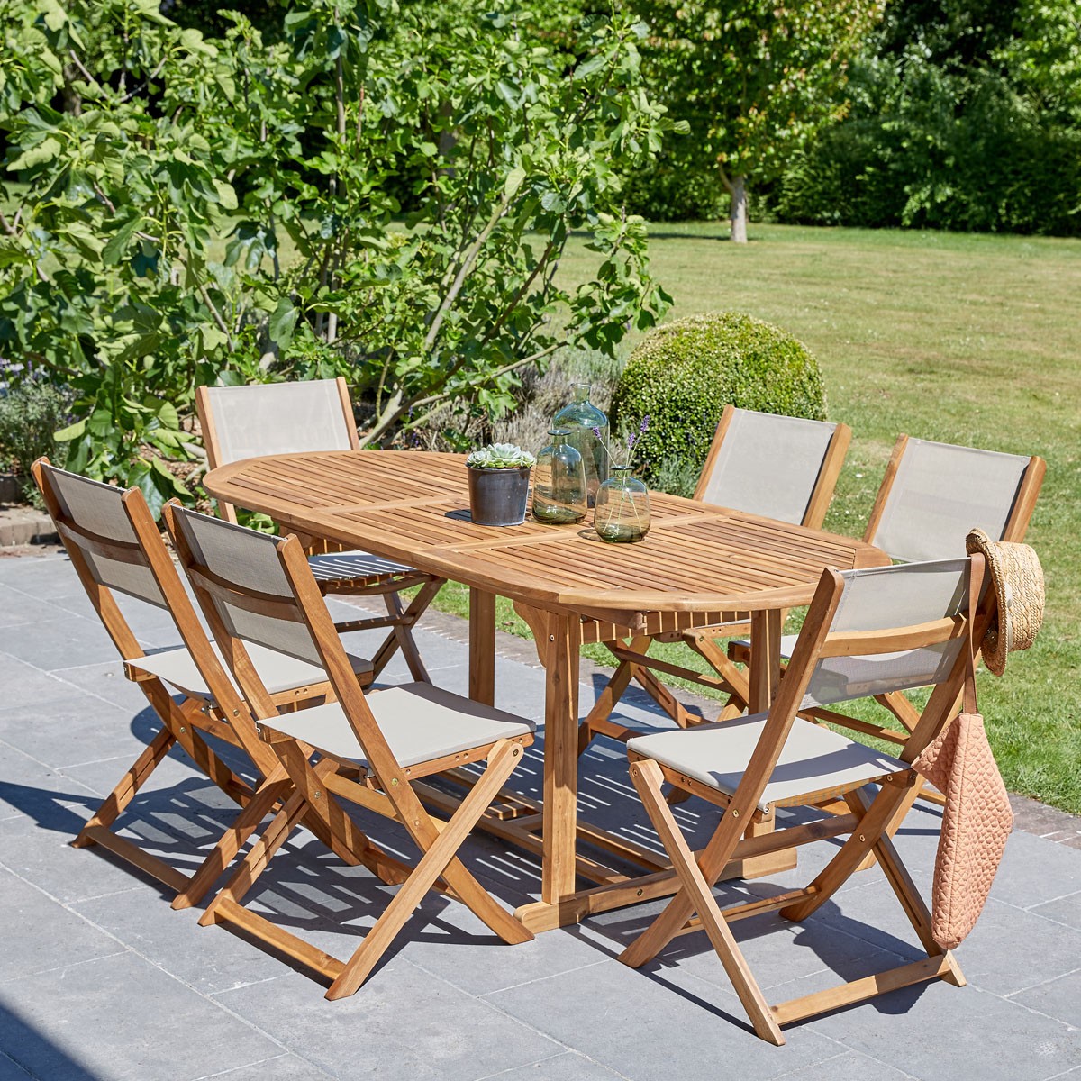 HANOÏ - Mesa de exterior ovalada extensible de acacia maciza para 6/8 pers.