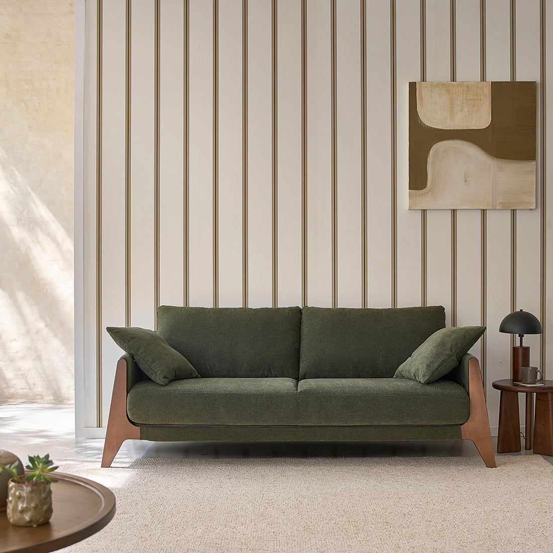 ONDINE - Sofá recto de 3 plazas de madera maciza y tejido de terciopelo verde musgo