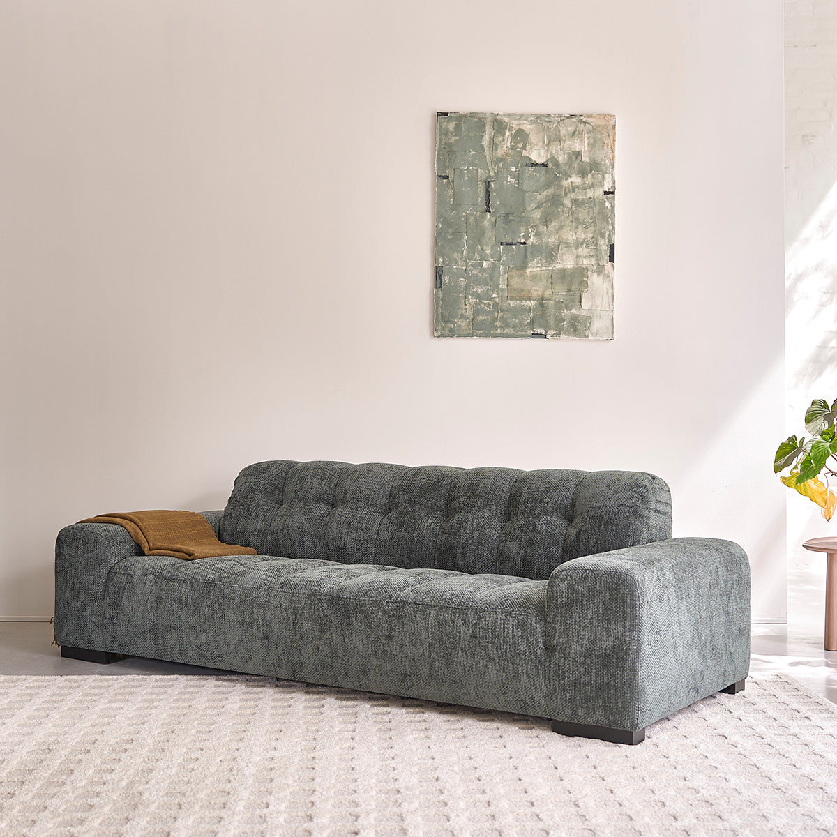 ALPHONSE - Sofá recto de 4 plazas en terciopelo trenzado verde grisáceo