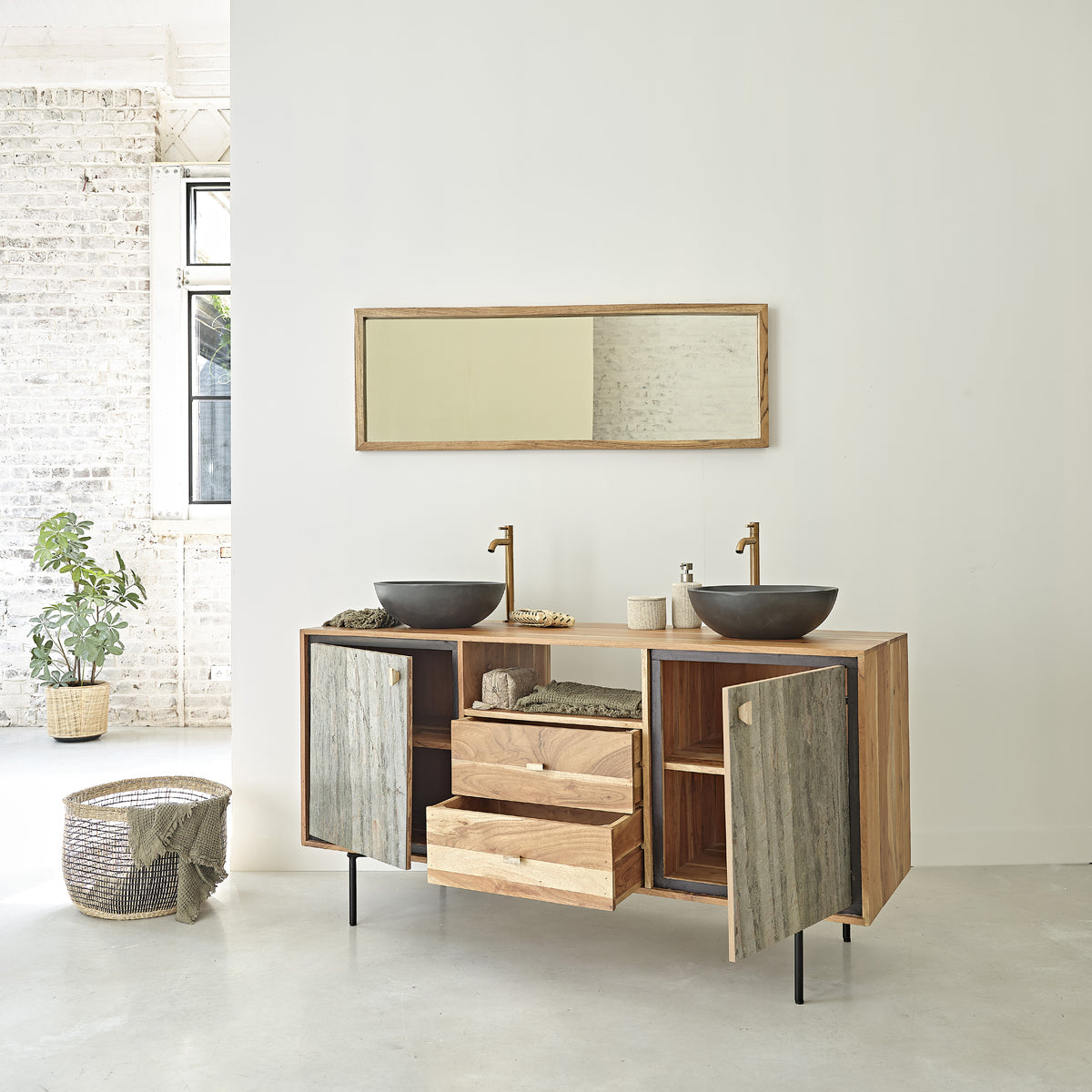 EDEN ROCK - Mueble para lavabo de acacia maciza y piedra de 155 cm