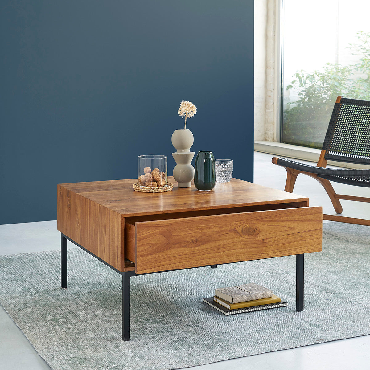 LINA - Mesa de centro de teca maciza y metal 70 cm