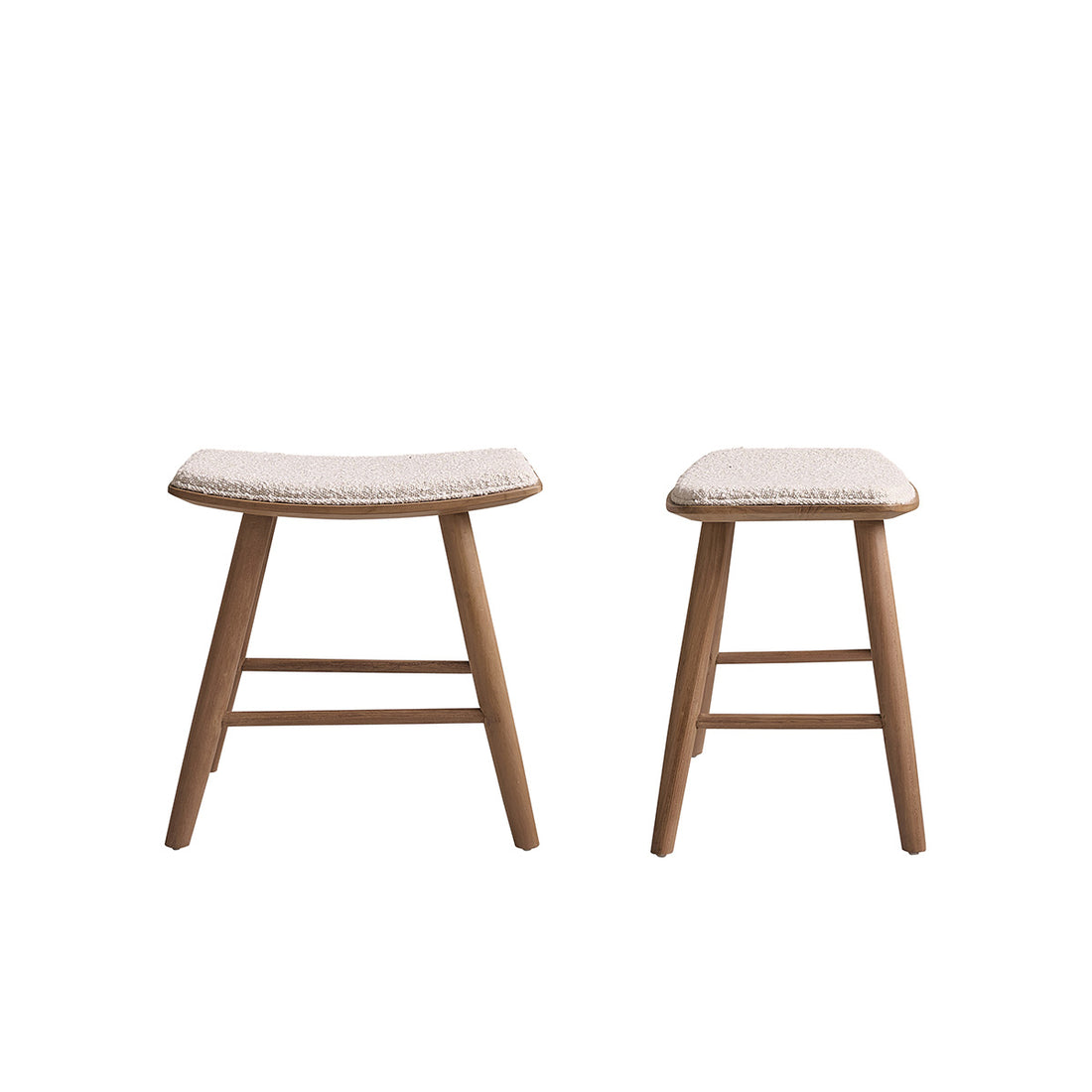 AMBRE - Lote de 2 taburetes de teca maciza y tela bouclette 45 cm