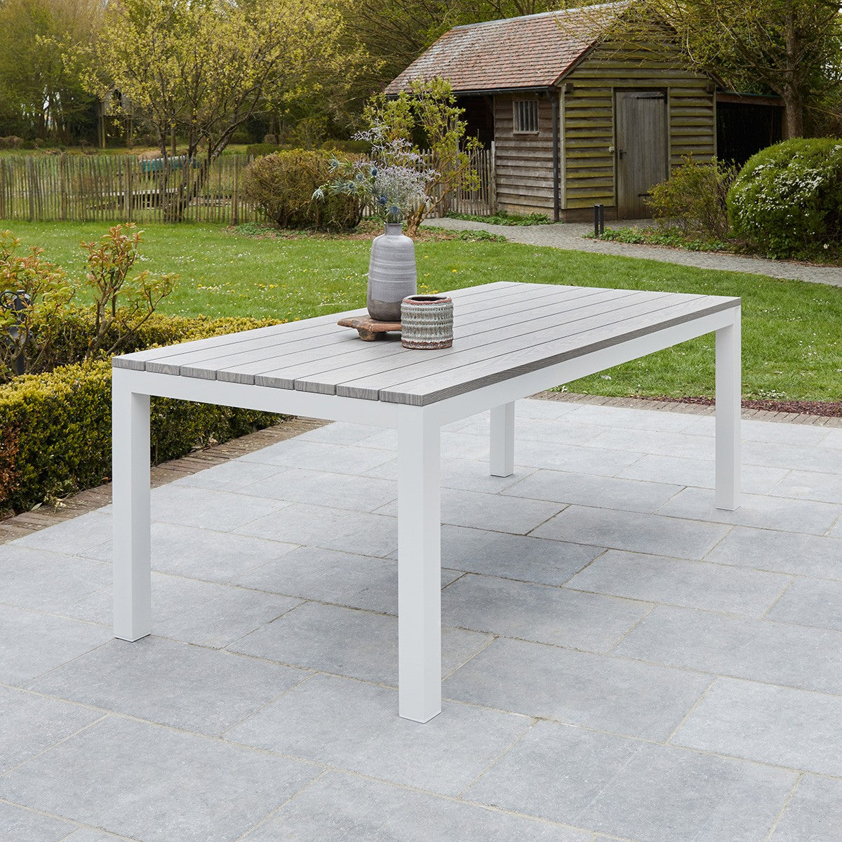 TAMPA - Salón de exterior de aluminio blanco y textileno gris para 8 pers.