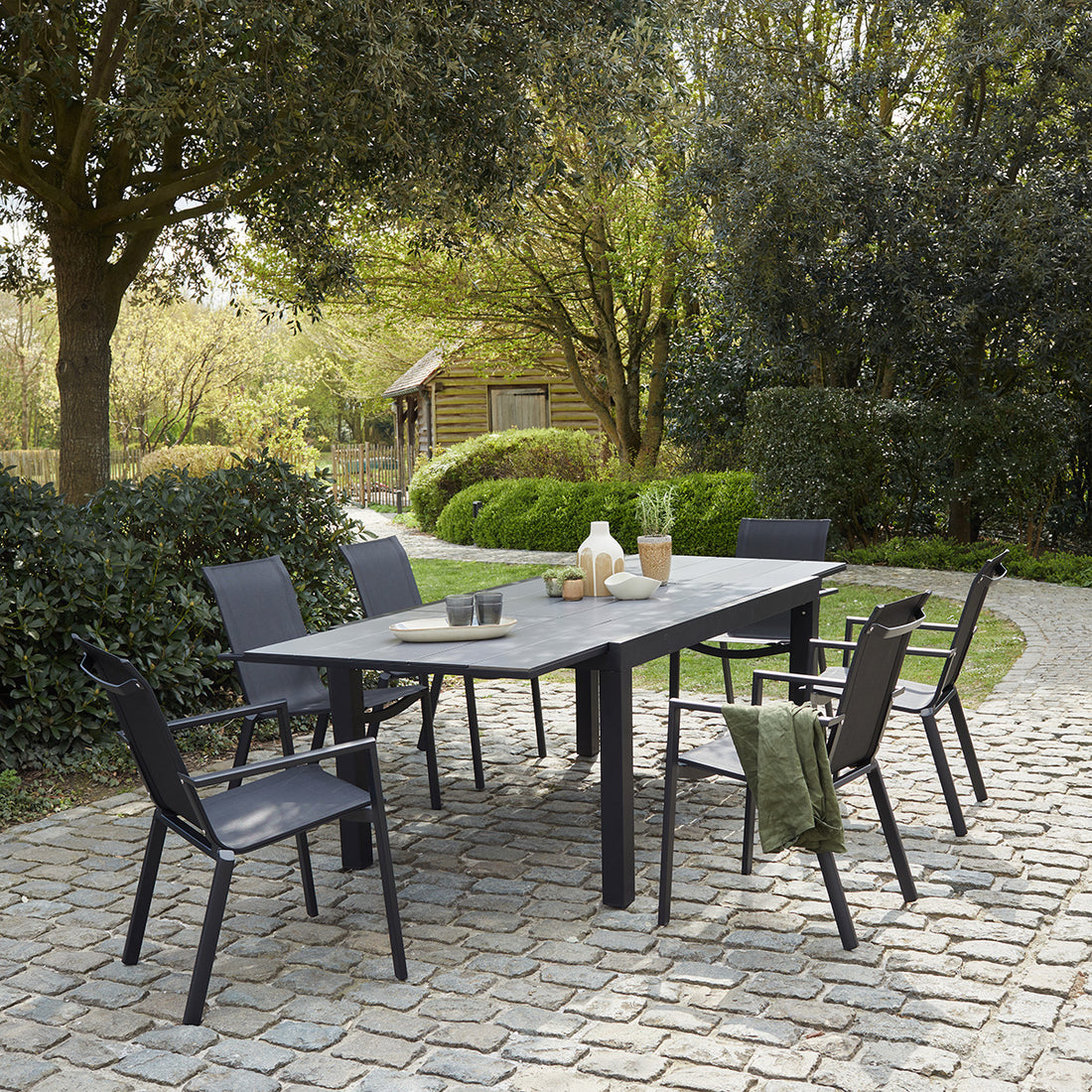 HPL STAR - Salón de exterior de aluminio negro y textileno gris para 6/10 pers. HPL STAR