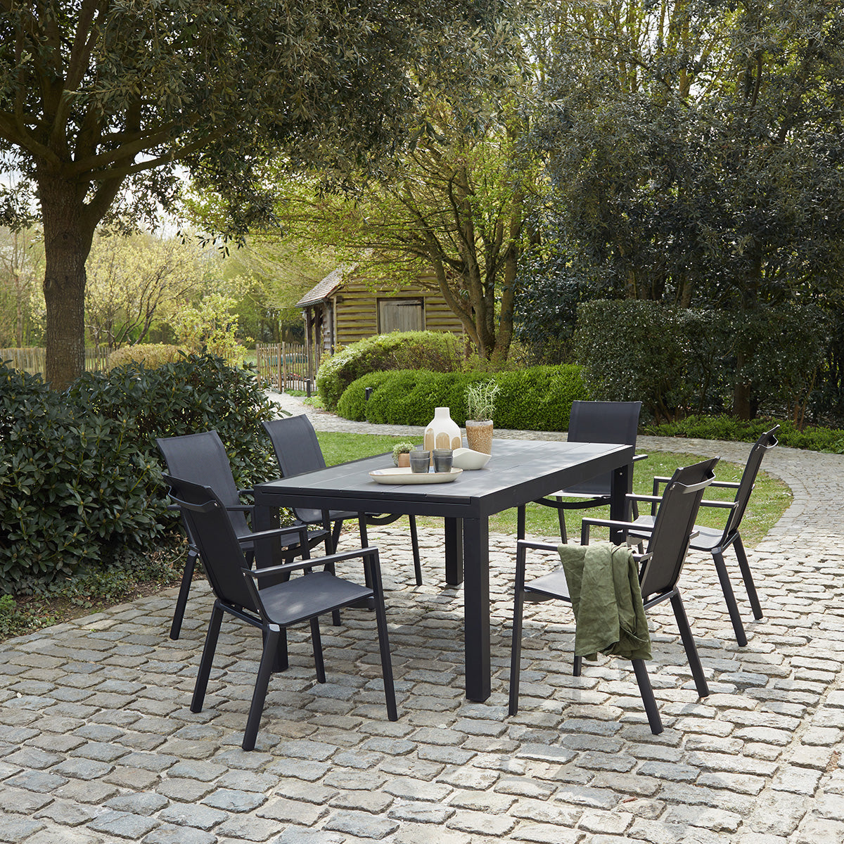 HPL STAR - Salón de exterior de aluminio negro y textileno gris para 6/10 pers.